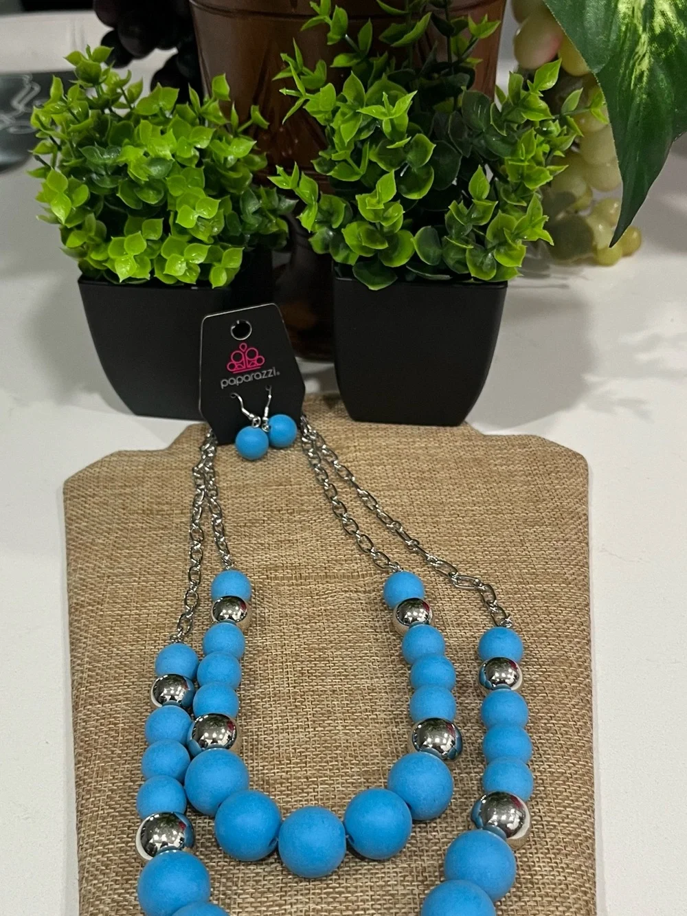 paparazzi Turquoise Blue Matte Beaded Double Strand Necklace with Silver Accents